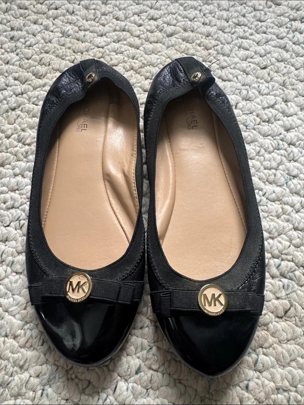 MICHAEL Michael Kors Black Leather & Patent MK Logo Ballet Flats